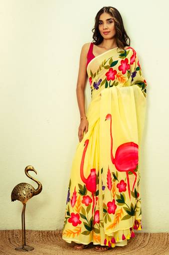 Yellow Handpainted Mul Cotton Saree