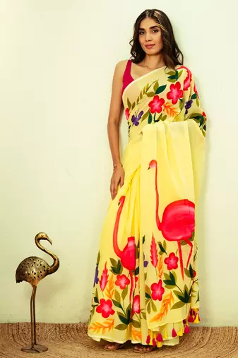 Yellow Handpainted Mul Cotton Saree
