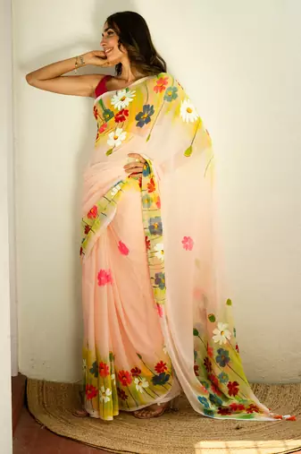 Peach Handpainted Mul Cotton Saree