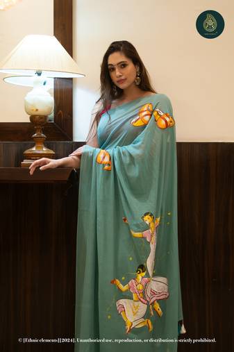 Green Hand Painted Mul Cotton Saree