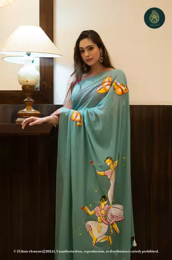 Green Hand Painted Mul Cotton Saree