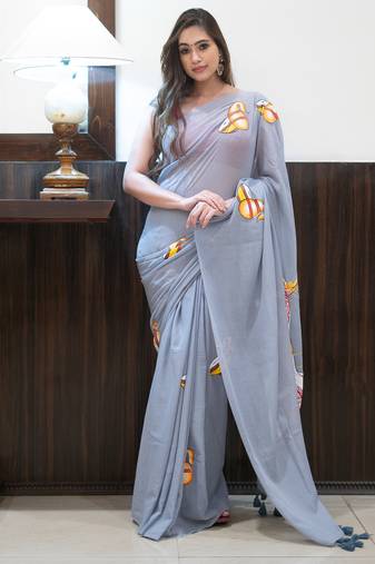 Grey Hand Painted Mul Cotton Saree