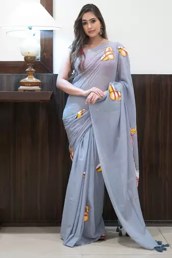 Grey Hand Painted Mul Cotton Saree