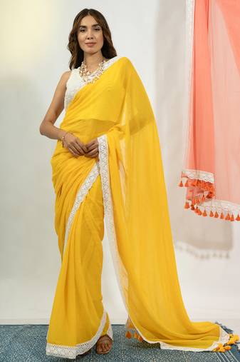 Yellow Mul Cotton Saree with Crochet Border