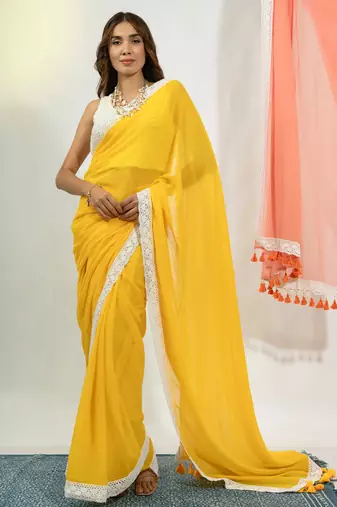 Yellow Mul Cotton Saree with Crochet Border