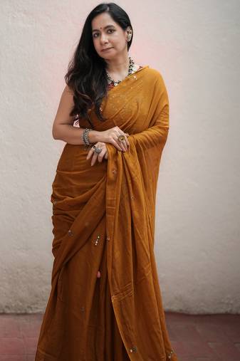 Mustard Mul Cotton Mirrorwork Saree with Handmade Tassels