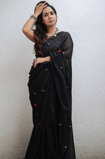 Black Mul Cotton Mirrorwork Saree with Handmade Tassels