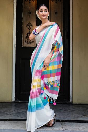 White Woven Mul Cotton Handloom Saree
