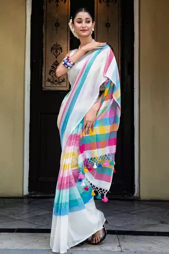 White Woven Mul Cotton Handloom Saree