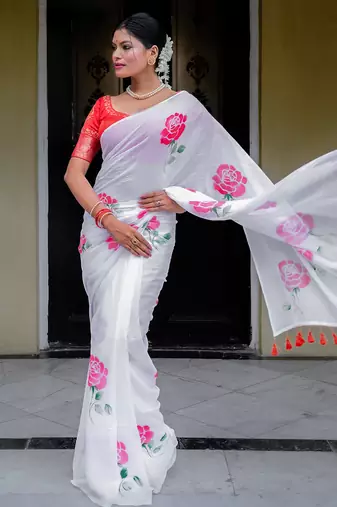 White Mul Cotton Hand painted Saree