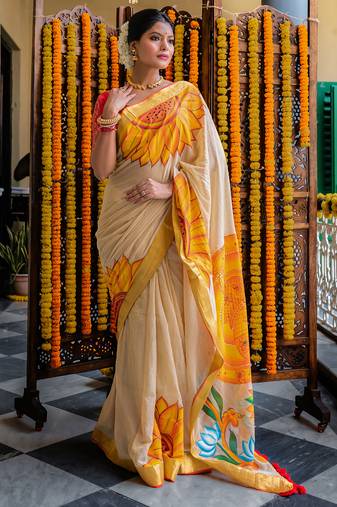 Beige Mul Cotton Hand painted Saree