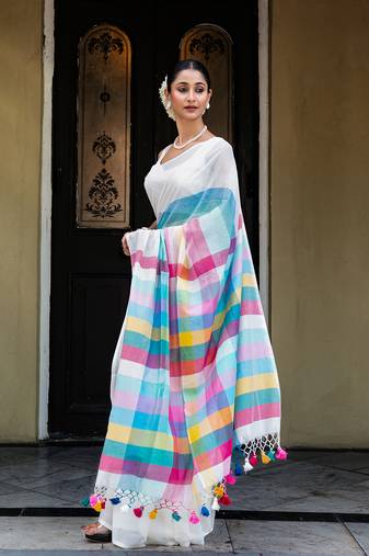 Blue Mul Cotton Ombre?Fade with Zari Stripe Saree