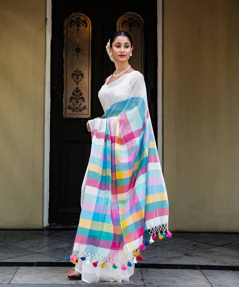Blue Mul Cotton Ombre?Fade with Zari Stripe Saree