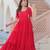 Red georgette bead embroidered ruffle flared gown