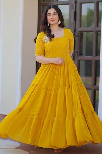 Yellow georgette bead embroidered ruffle flared gown
