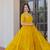 Yellow georgette bead embroidered ruffle flared gown