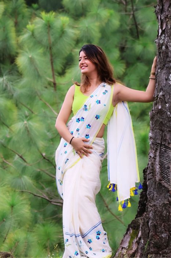 White Mul Cotton Saree with Handmade Tassels