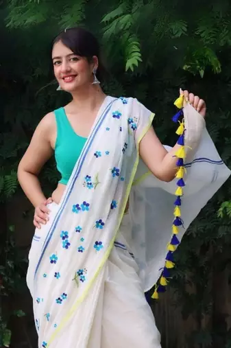 White Mul Cotton Saree with Handmade Tassels