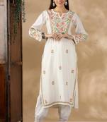 Chickenkari embroidered thread work chanderi cotton straight kurta