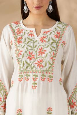 Chickenkari embroidered thread work chanderi cotton straight kurta 3
