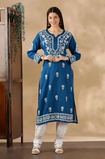 Chickenkari embroidered thread work chanderi cotton straight kurta