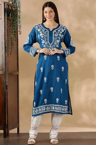 Chickenkari embroidered thread work chanderi cotton straight kurta