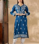 Chickenkari embroidered thread work chanderi cotton straight kurta