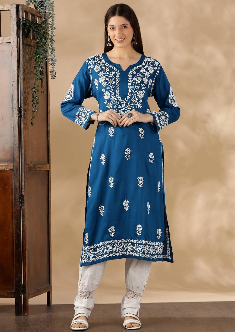 Chickenkari embroidered thread work chanderi cotton straight kurta