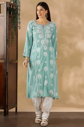 Chickenkari embroidered thread work chanderi cotton straight kurta