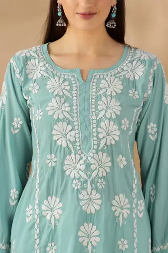 Stylish Sea Green Cotton Chikankari Kurta for Women | Daily & Festive Wear