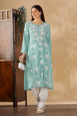 Stylish Sea Green Cotton Chikankari Kurta for Women | Daily & Festive Wear 5