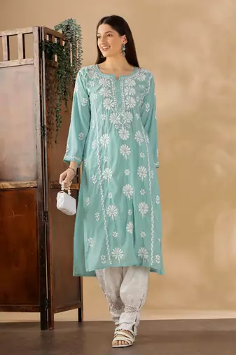 Stylish Sea Green Cotton Chikankari Kurta for Women | Daily & Festive Wear