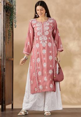 Chikankari embroidered thread work chanderi cotton straight kurta 1