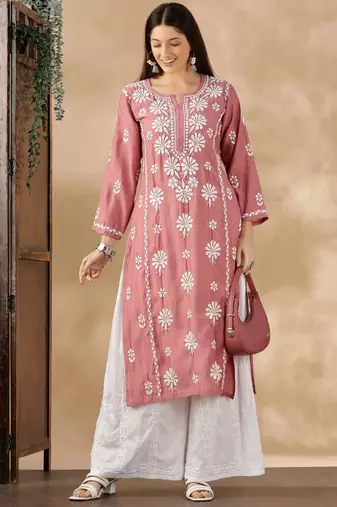 Chickenkari embroidered thread work chanderi cotton straight kurta