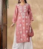 Chickenkari embroidered thread work chanderi cotton straight kurta
