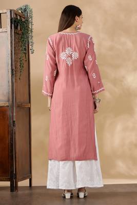 Chikankari embroidered thread work chanderi cotton straight kurta 2