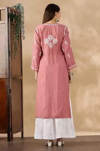 Chickenkari embroidered thread work chanderi cotton straight kurta