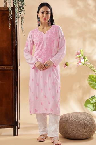 Women floral embroidered chikankari pure cotton handloom chikankari kurti