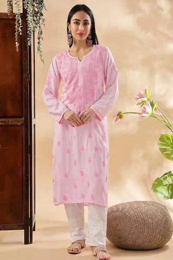 Women floral embroidered chikankari pure cotton handloom chikankari kurti