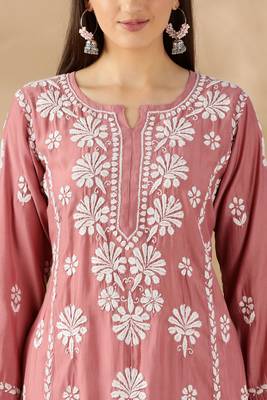 Chikankari embroidered thread work chanderi cotton straight kurta 3