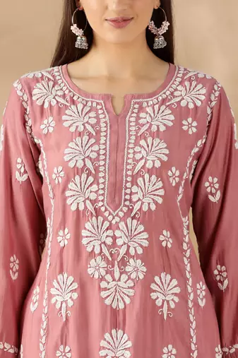 Chickenkari embroidered thread work chanderi cotton straight kurta