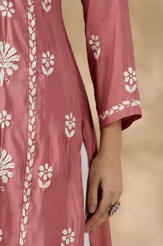 Chickenkari embroidered thread work chanderi cotton straight kurta