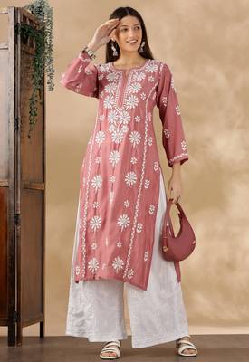 Chikankari embroidered thread work chanderi cotton straight kurta 5