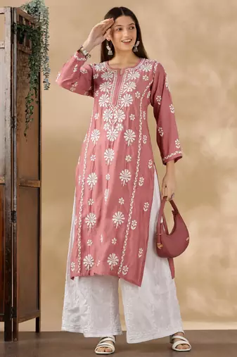 Chickenkari embroidered thread work chanderi cotton straight kurta