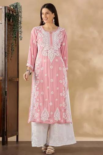 Chickenkari embroidered thread work cotton straight kurta