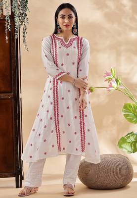 Women floral embroidered chikankari cotton  a-line kurta 1