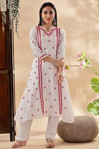 Women floral embroidered chikankari cotton  a-line kurta