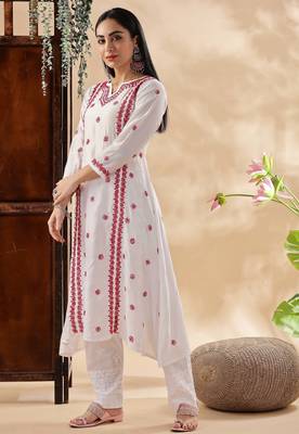 Women floral embroidered chikankari cotton  a-line kurta 3