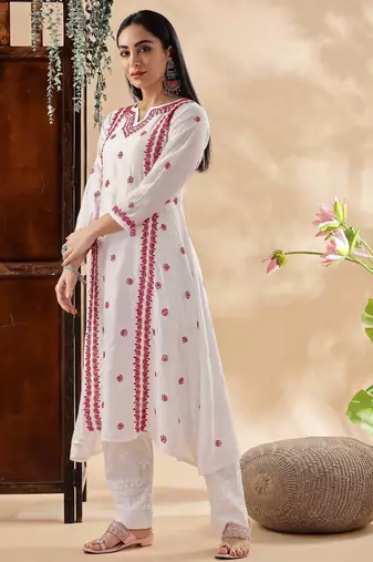 Women floral embroidered chikankari cotton  a-line kurta