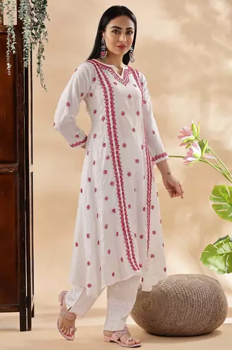 Women floral embroidered chikankari cotton  a-line kurta